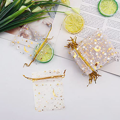 SUMAJU 100 Pieces Moon Star Organza Jewelry Candy Bags 2.7x3.5 Inch - color: White 2.7x3.5 Inch