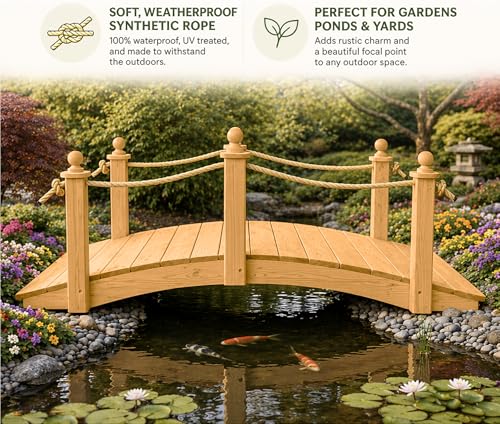 6 FT Oak Amish Rope Rail Garden Bridge, Pinewood - size: 6 FT Bridge & Rope