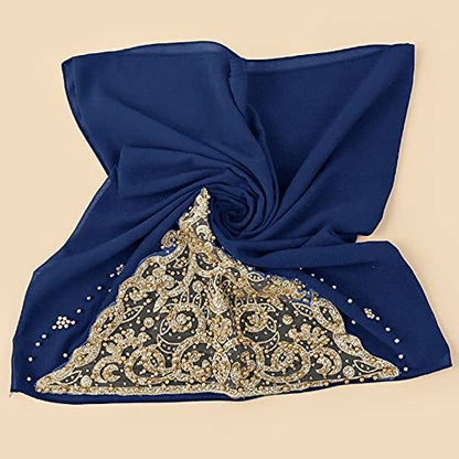 Women Fashion Chiffon Muslim Head Scarf Arabic Hijab Long Scarf Wrap - color: Beading Dark Blue
