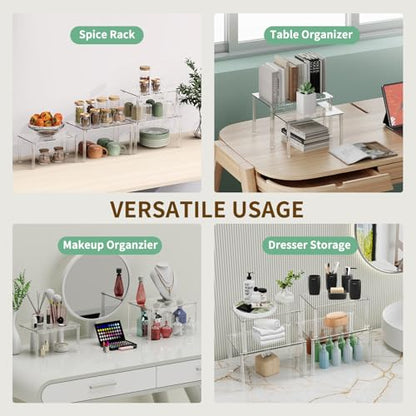 4Pack Acrylic Cabinet Organizer, Clear Cabinet Organizer Shelf, Spice Rack Organizer for Cabinet for Dishes, Spices, Soda Cans and Bottles, Stackable Shelves House Essentials for Gift