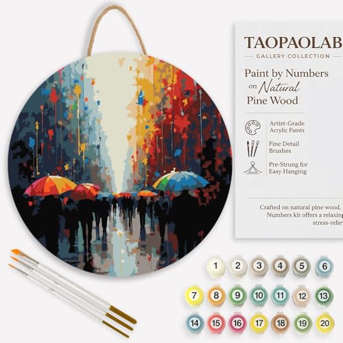 TAOPAOLAB Abstract Paint by Numbers Kit for Adults on Wood Board – DIY Colorful Umbrella Street Wood Craft Painting Kit, 12 in Round, Acrylic Paint Set, Beginner-Friendly, Relaxing Home Decor Gift - color: FM10804