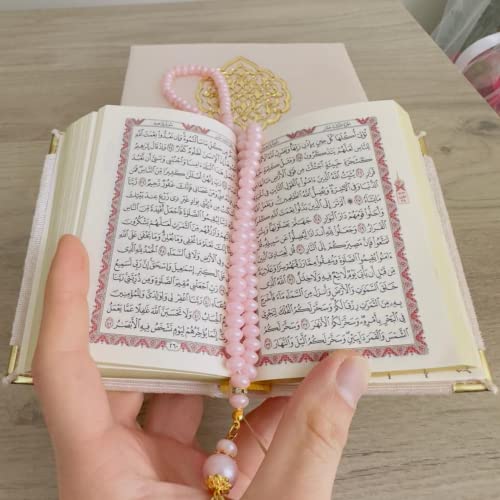 Velvet Covered Quran Tasbeeh Prayer Beads | Islamic Wedding, Graduation Gift Set with Wooden Box | Eid, Ramadan Favor (Pink) - color: Pink