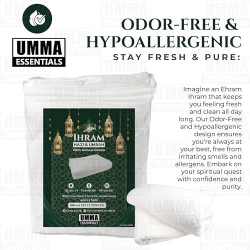 Ihram Ehram Ahram for Men, 100% Cotton, Hajj Umrah Ihram Ehram Towels, Hypoallergenic, Quick-Drying, Lightweight, Breathable, 2 Count, White, Adult Size 110 x 220cm = 43X86 inch