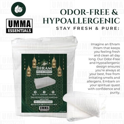 Ihram Ehram Ahram for Men, 100% Cotton, Hajj Umrah Ihram Ehram Towels, Hypoallergenic, Quick-Drying, Lightweight, Breathable, 2 Count, White, Adult Size 110 x 220cm = 43X86 inch