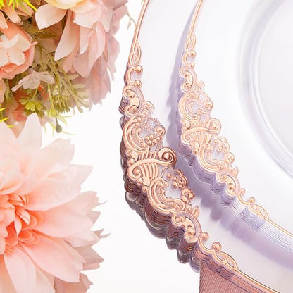 Hioasis 175pcs Clear Rose Gold Plastic Plates - Elegant Disposable Dinnerware Set Suitable for 25 Guests Include 10.25" Dinner & 7.5" Dessert Plates, Cutlery, Napkins, Cups for Party - color: Clear and Rose Gold
