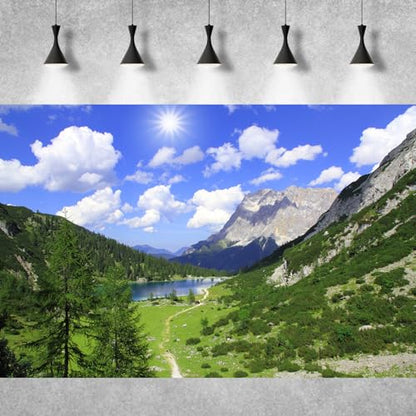 Mountains Aquarium Background Green Gobi Plants Pine Tree Terrarium Background Tranquil Lake Blue Sky Sunbeam with Cloud Fish Tank Background Mountain Theme Reptile Habitat Background 24x12in - color: Blue_Green, size: 24(W)x12(H)in