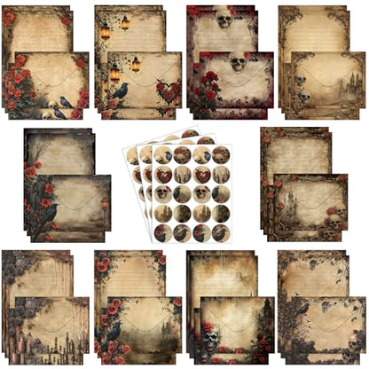TaoBary 160 Pcs Stationery Paper Set 50 Double Sided Stationery Papers with 50 Matching Envelopes and 60 Round Dot Sticker, 10 Design(Gothic Style,8.25 x 5.5 Inch) - size: 8.25 x 5.5 Inch, style: Gothic Style