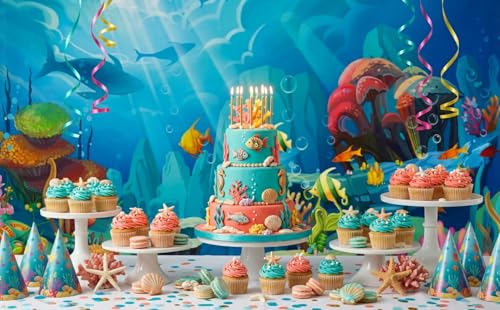 CHAIYA Under The Sea Backdrop Ocean Little Mermaid Backdrop Background for Under The Sea Theme Baby Shower Photo Booth Banner Party Cake Table Decoration 5x3ft - size: 5′x3′