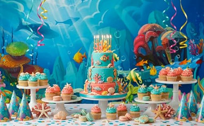 CHAIYA Under The Sea Backdrop Ocean Little Mermaid Backdrop Background for Under The Sea Theme Baby Shower Photo Booth Banner Party Cake Table Decoration 8x6ft - size: 8′x6′