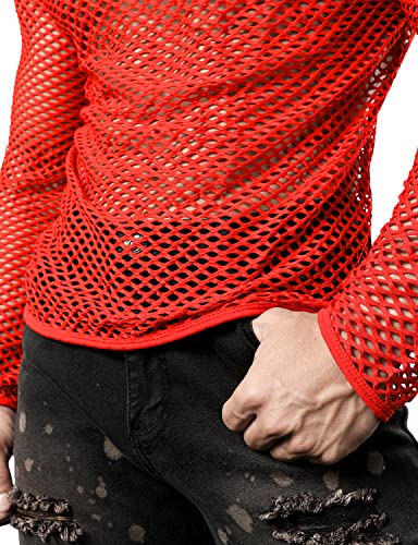 JOGAL Mens Fishnet Mesh Long Sleeve Shirt Fitted Muscle Top - color: Red, size: XX-Large