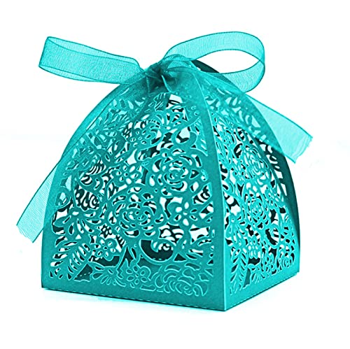 Auto-plaza 50 Pieces Beauty Laser Cut Favor Boxes DIY Wedding Birthday Gift Candy Boxes with Ribbons (Skyblue) - color: Skyblue
