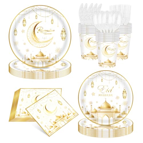 Auch Eid Mubarak Party Supplies Set – 24 Pack Tableware Set for Ramadan Eid Celebrations - Include Plates, Paper Cups, Napkins, Gold Foil Cutlery (White)