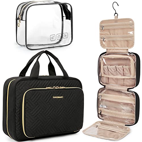 BAGSMART Toiletry Bag Hanging Travel Makeup Organizer with TSA Approved Transparent Cosmetic Bag Makeup Bag for Full Sized Toiletries, Medium-Black - color: Black, size: Medium