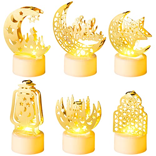 CUweipeng Ramadan Mini Lantern Lights Decoration - 6 Pcs Gold Moon Castle Lighthouse Eid Mubarak Lamp Plastic LED Night Light for Eid Ramadan Party Home Indoor Outdoor Bedroom Tabletop Decoration