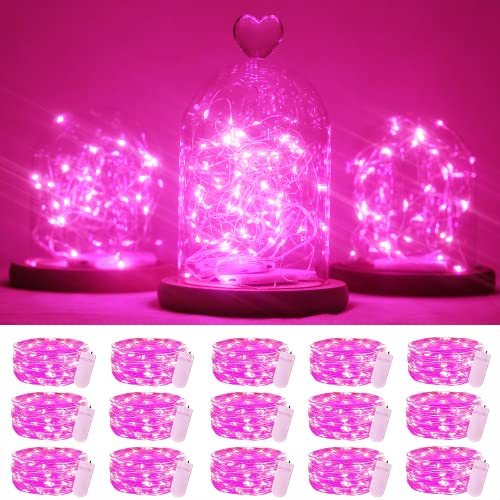 SmilingTown 15 Packs 20 Led Pink Fairy String Lights Battery Operated 6.6ft Silver Wire Firefly Starry Lights Waterproof for Bedroom DIY Table Bottle Wedding Valentine's Day Party Decor - color: Pink