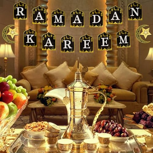 Ramadan Kareem Banner Eid Mubarak Hanging Decoration No DIY Needed,for Eid Al-Fitr Party Supplies, Home, Tree, Fireplace, and Wall Decor