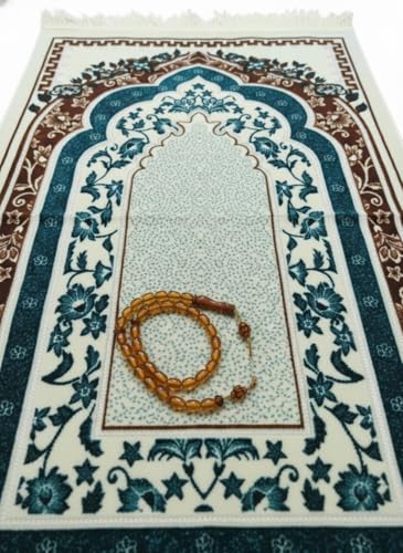 Islamic Prayer Rug with Traditional Mihrab Design, Geometric Arch Pattern, Polyester Material, 27.6x43.3 Inches, Low Pile with Fringed Edges (Turquoise Gold) - color: Turquoise Gold