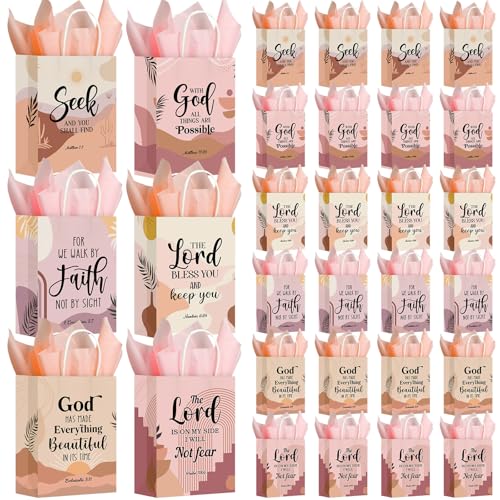 Resholder 30 Pcs Boho Christian Gift Bags with Tissue Papers Religious Bible Verse Paper Bags with Handles Inspirational Scripture Treat Pouches Church Gifts for Wedding Baptism Birthday Party - style: Boho Christian
