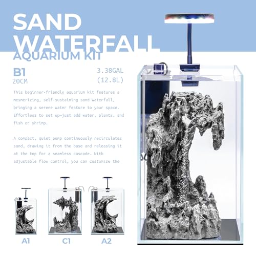 Sand Waterfall Tank Kit - Silent Operation Falling Sand Fish Tank w/LED Light and Self Cleaning Filtration - Desktop Rimless Starter Aquarium Kit, Just Add Plants - 3.38GAL | 12.8L (B1) - size: B1 (20CM)