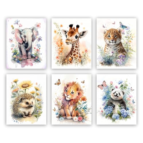 QPOKLAF Watercolor Lion Wall Art Canvas Prints for Kids Bathroom Wall Decor,Giraffe Elephant Flowers Art Posters,Nursery Bedroom Living Room Animals Decorations Set of 6(8 * 10inch,Unframed) - color: Watercolor Lion Wall Art Posters