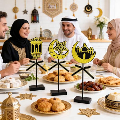 3-Piece Ramadan Wooden Table Decorations, Black Gold Eid Mubarak Table Topper Set, Shiny Islamic Ramadan Tiered Tray Decor for Muslim Party, Wedding, Tabletop, Bookshelf, Home Decor