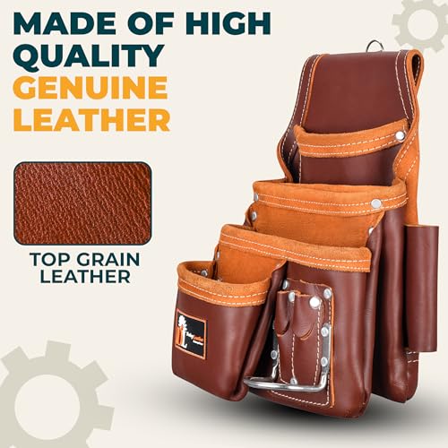 Daisy Leather Tool Bag Pro 505 Premium Leather Oil Tanned 13 Pockets with Speed Square Pocket Multi-Purpose Tool Organizer for Handyman Carpenter Electrician Construction Farmers X-Large… - color: Cherry