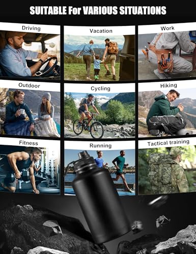 Tactical Half Gallon Water Bottle with Straw, 64 Oz Insulated Water Jug with Molle Water Bottle Holder, Stainless Steel Sport Bottle with 3 BPA Free Lids for Gym Workout Hiking (64oz-Black) - color: 64oz-Black