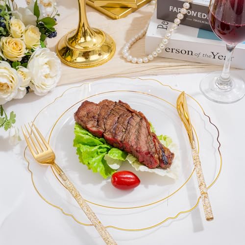 Liacere 150PCS Clear Gold Plastic Plates - Disposable Plastic Silverware with Glitter Bamboo Handle Cutlery-Baroque Clear Gold Disposable Plates for Wedding & Party & Mother's Day - color: Gold, size: Baroque Style