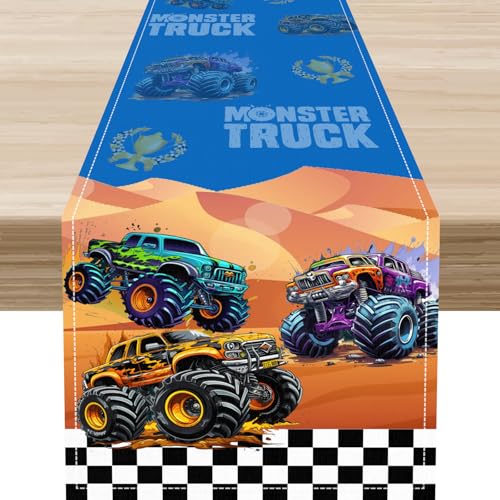 Monster Truck Table Runner,Black White Plaid Desert Trophy Decor for Kids Party Dinner Festival Farmhouse Holiday Dining Room, 13"x36" - color: Car-2, size: 13"X36"