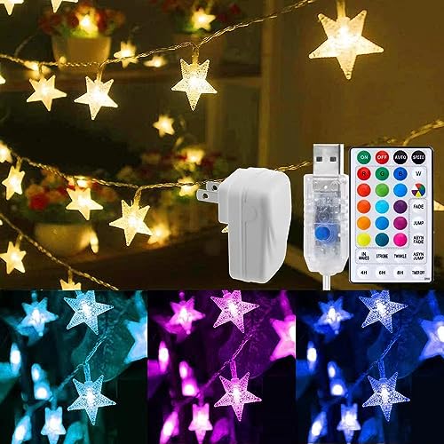 Minetom Star String Lights for Bedroom - 33 ft Plug-in Color Changing Star String Lights with Remote and Timer for Bedroom Tent Loft Bed Window Backyard Patio Porch Balcony Party Wedding, RGB - color: 16 Color + Multicolor - 33ft