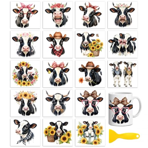 Peacoblue Cow Rub On Transfers for Craft, Transfer Sticker | 18 Sheets UV DTF Transfers, Waterproof Rub On Decals for Wood, Glass, Furniture, Tumblers & Home Decor Crafts - style: Cow