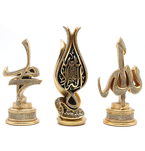 Modefa Turkish Islamic Home Table Decor 3 Piece Sculpture Gift Set Arabic Allah Muhammad Kaba Tawhid Tulip (Allah/Muhammad/Tawhid Tulip) - color: Allah/Muhammad/Tawhid Tulip