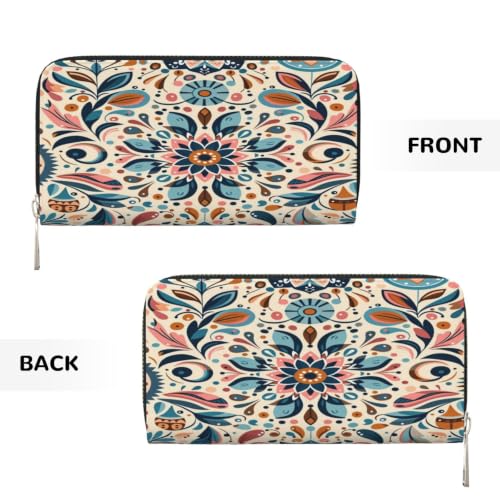 Scandinavian Folk Art PU Leather Long Wallet for Women Men, Zipper Clutch Wallet RFID Card Holder Organizer - color: Scandinavian Folk Art