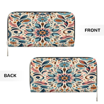 Scandinavian Folk Art PU Leather Long Wallet for Women Men, Zipper Clutch Wallet RFID Card Holder Organizer - color: Scandinavian Folk Art