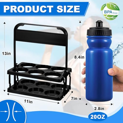 Suclain Water Bottle Carrier with 20 Oz Bottles and Stickers Plastic Wide Mouth Sports Water Bottle Squeeze Team Bottles with Black Lid for Fitness Bike Gym(14 Pcs,Dark Blue) - color: Dark Blue