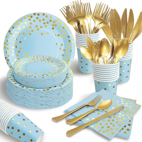 AIRE 175PCS Blue Gold Paper Party Plates Set, Disposable Dinnerware for 25 - color: 175PCS Blue and Gold