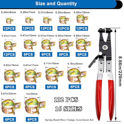 132Pcs 6-25mm Spring Band Hose Clamps Kit,15 Sizes Spring Pipe Clamps,Low Pressure Air Clip Strap Clamp for Silicone Vacuum Hose Clamp Fuel Line Clamps - color: Gold-120pcs + Plier