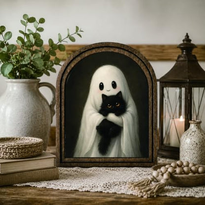 Ghost Black Cat Arched Decor, Cute Halloween Sign - color: Ghost Holding Black Cat