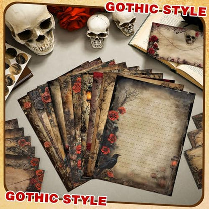 TaoBary 160 Pcs Stationery Paper Set 50 Double Sided Stationery Papers with 50 Matching Envelopes and 60 Round Dot Sticker, 10 Design(Gothic Style,8.5 x 11 Inch) - size: 8.5 x 11 Inch, style: Gothic Style