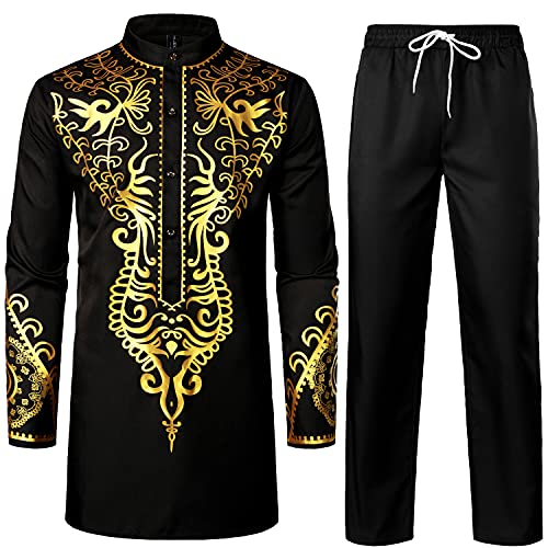 LucMatton Men's African Attire 2 Piece Set Shirt and Pants - color: Black Gold, size: XX-Large