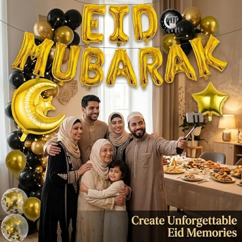 Eid Mubarak Decorations Set - Black and Gold Ramadan Party Supplies including Banner, Balloons for Muslim Islamic Eid Al-Fitr Home Wall Decor (gold)
