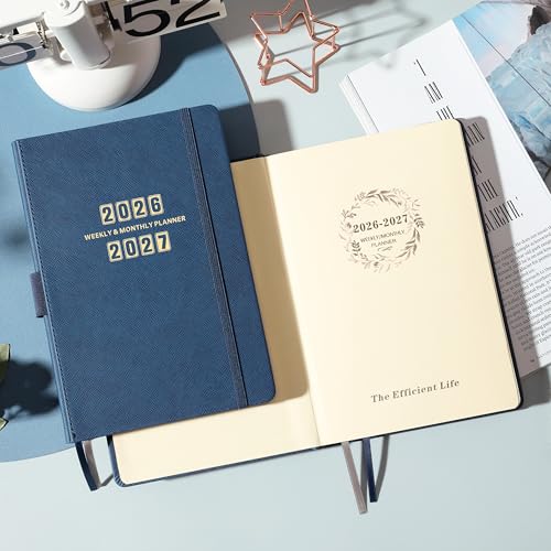 Artfan Planner 2026-2027 - Academic Planner 2026-2027, Jul. 2026 - Jun. 2027, 12-Months Weekly and Monthly, 5.75" x 8.25", Saffiano Leather with Thick Paper, Back Pocket with Notes Pages - Navy Blue - color: Sky Blue D