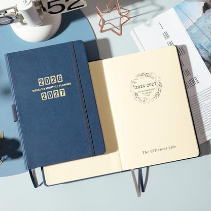 Artfan Planner 2026-2027 - Academic Planner 2026-2027, Jul. 2026 - Jun. 2027, 12-Months Weekly and Monthly, 5.75" x 8.25", Saffiano Leather with Thick Paper, Back Pocket with Notes Pages - Navy Blue - color: Sky Blue D