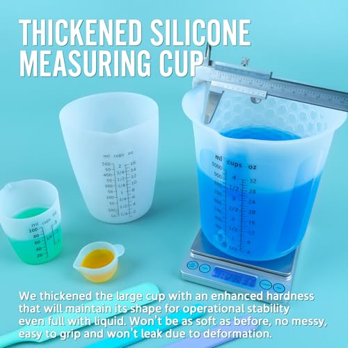 Silicone Resin Mixing 1L Measuring Cup Set for Resin Supplies, Easy-to-Read Marks, 1000ml/32oz Large Cup, 500&250&100ml Thickened Reusable Silicone Cups for Epoxy Mixing, Jewelry Making - size: 1000+500+2*250+4*100ml (Black Marks)