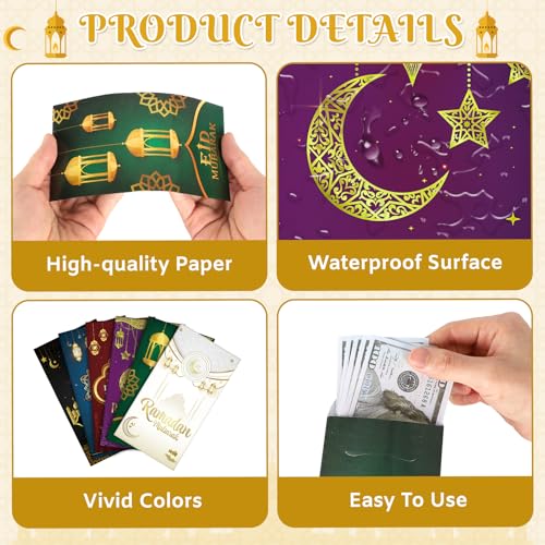 24Pcs Eid Mubarak Money Envelopes for Cash Ramadan Gifts Cards Holders Eid Holiday Pocket Envelope for Money Islamic Muslim Mubarak Cards, 6 Colors