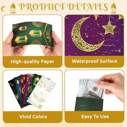 24Pcs Eid Mubarak Money Envelopes for Cash Ramadan Gifts Cards Holders Eid Holiday Pocket Envelope for Money Islamic Muslim Mubarak Cards, 6 Colors