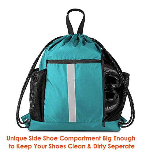 BeeGreen Teal String Backpack Bag Cinch Sack with Shoe Compartment and Two Zipper Pockets and Two Side Mesh Pockets Lightweight Large Drawstring Gym Sackpack for Men and Women - color: Teal, style: Drawstring With Shoe Compartment