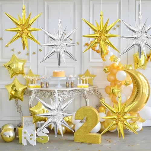 Gold Silver Star Balloons, 6PCS 22 Inch Foil Explosion Star Balloons - color: Gold Silver