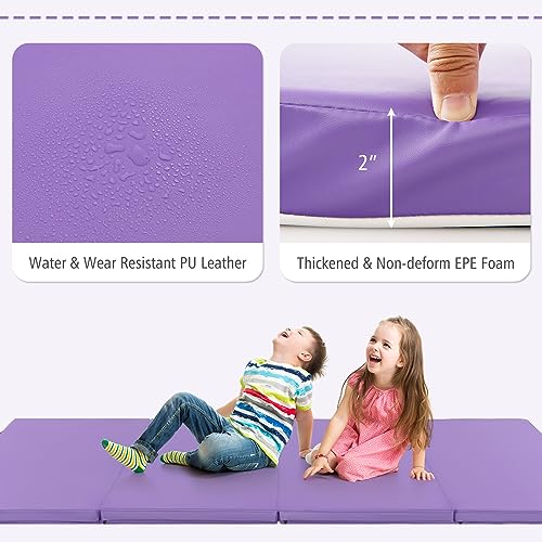 GYMAX Gymnastics Mat, 4 FT x 8 FT x 2 Inches Folding Exercise Mat w/Carry Handles & Sturdy Stitching Waterproof Cover, Tumbling Mat for Yoga Stretching Martial Arts Home Gym - color: Purple