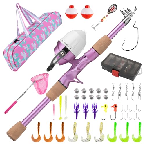 Kids Fishing Pole, Portable Telescopic Kids Fishing Poles for Boys Girls Youth, Fishing Rod and Reel Combo - color: Metallic Pink
